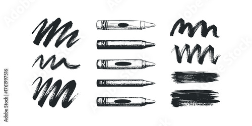 Set of Hand Drawn Crayons and Brush Strokes