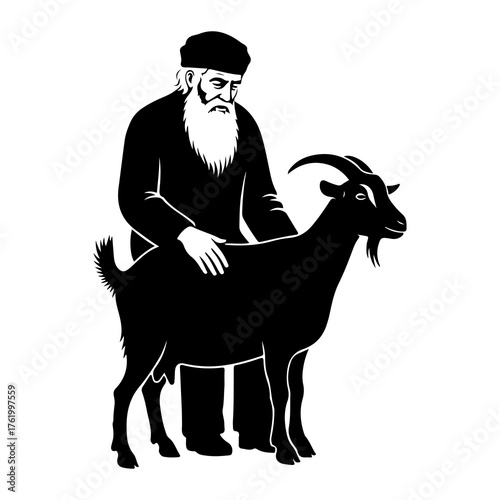 Old man touching goat black and white silhouette