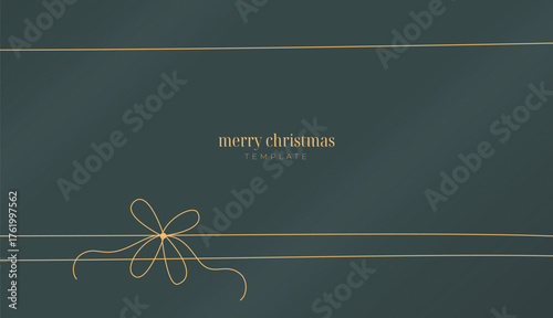 Simple minimal golden knot, ribbon on elegant luxury Christmas present, gift box design. Cute vector banner, poster, card with bow