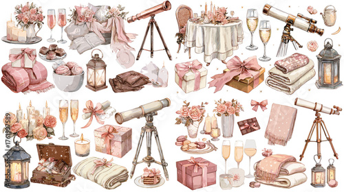 Charming watercolor set featuring telescopes, candles, champagne, and cozy blankets. Ideal for romantic nights, astronomy lovers, or elegant lifestyle illustrations.