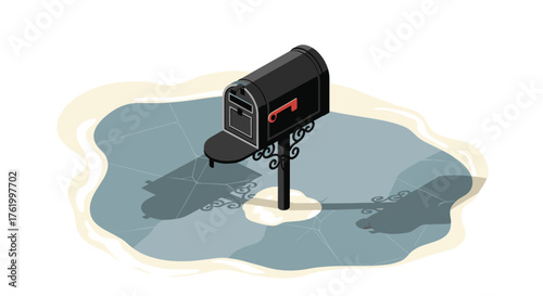 Vintage black mailbox in isometric view on elegant ornate stand