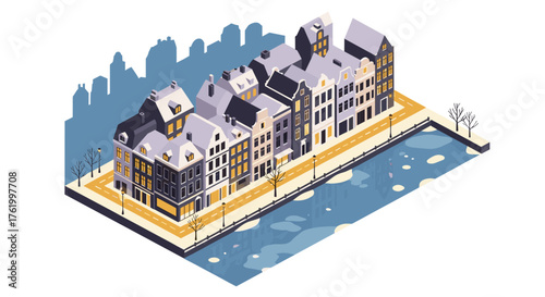 Charming winter urban scene in isometric style along a canal with historic buildings