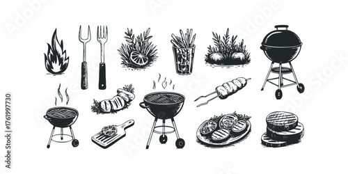 Grilling food and barbecue cooking assortment