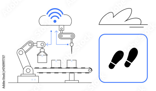 Robotic arm arranging packages on a conveyor belt, connected to cloud via wireless. Footstep icon suggesting progress. Ideal for technology, AI, automation, logistics, manufacturing, innovation