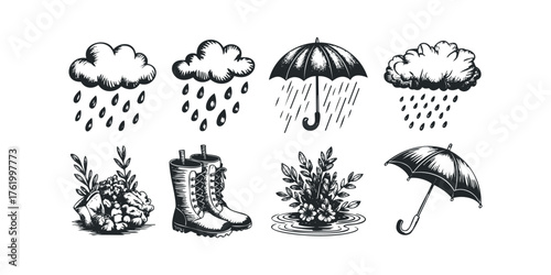 Collection of rain related icons and elements