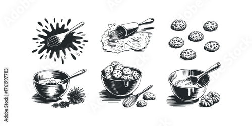 Baking ingredient preparation and finished cookies depicted in a drawing.