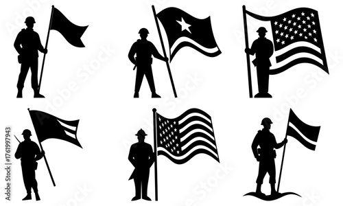 Honoring Valor Collection Silhouette Art Featuring Soldiers with Flags for Patriotic Memorials, Veterans Day Celebrations, and National Holiday Graphics