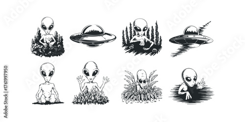 Alien figures and flying saucers set