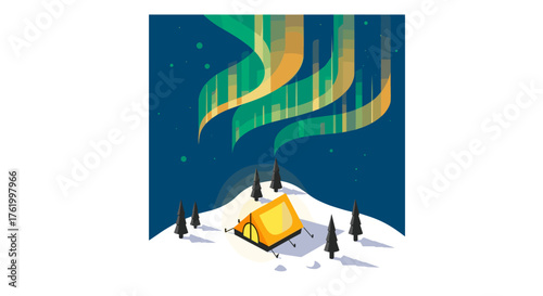 Camping under the northern lights in winter landscape