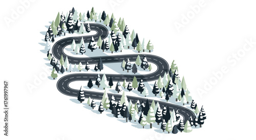 Isometric curved winter road through snowy pine forest with shadows