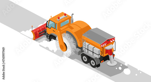 Isometric snowplow truck cleaning winter road with blade and brush