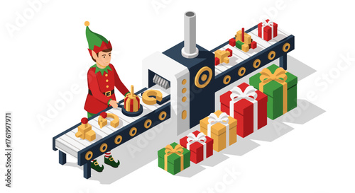 Isometric elf working on factory conveyor with wrapped christmas gifts