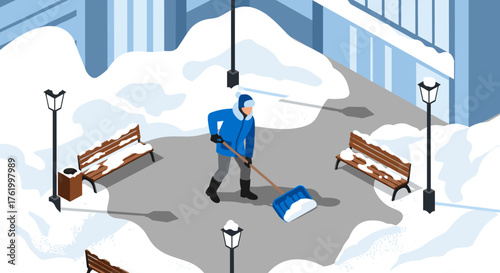 Winter cleanup scene in an urban park with benches and street lamps