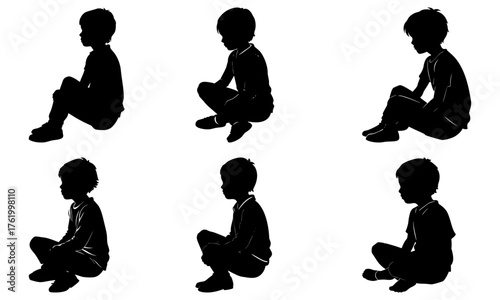 Silhouette of children sitting, contemplative mood, diversity concept, youth, imagination, childhood innocence, vector art, design element, playful kids
