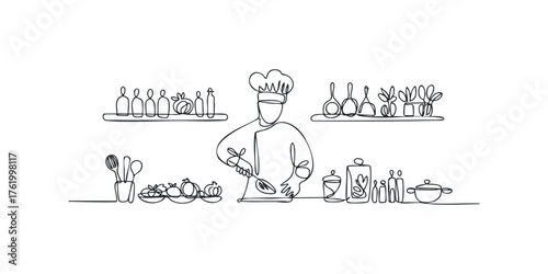 Chef prepares food in kitchen with ingredients and utensils
