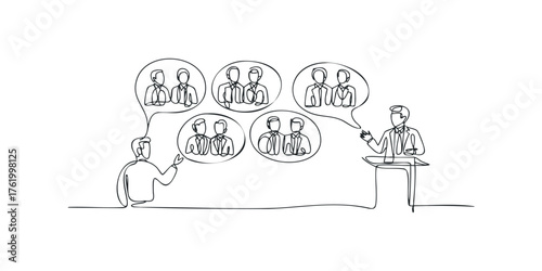 Man at podium speaking to audience in speech bubbles