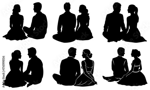 Elegant silhouettes of couples seated together, perfect for wedding invitations, romantic designs, and anniversary cards with a touch of classic charm