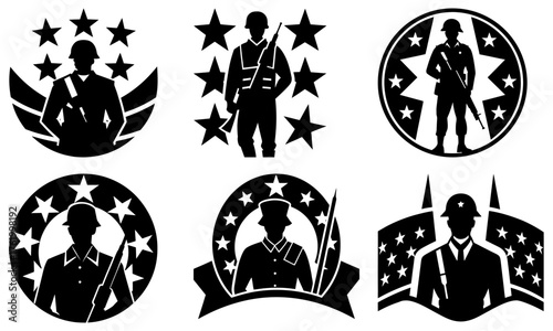 Patriotic military emblems and icons for Veteran's Day designs, honoring soldiers and service with star accents in a bold, timeless style