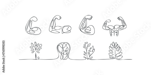Abstract continuous line art of muscle arms and plants