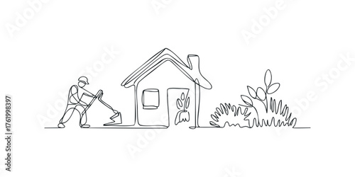 Gardener Digging Near Small House And Plants