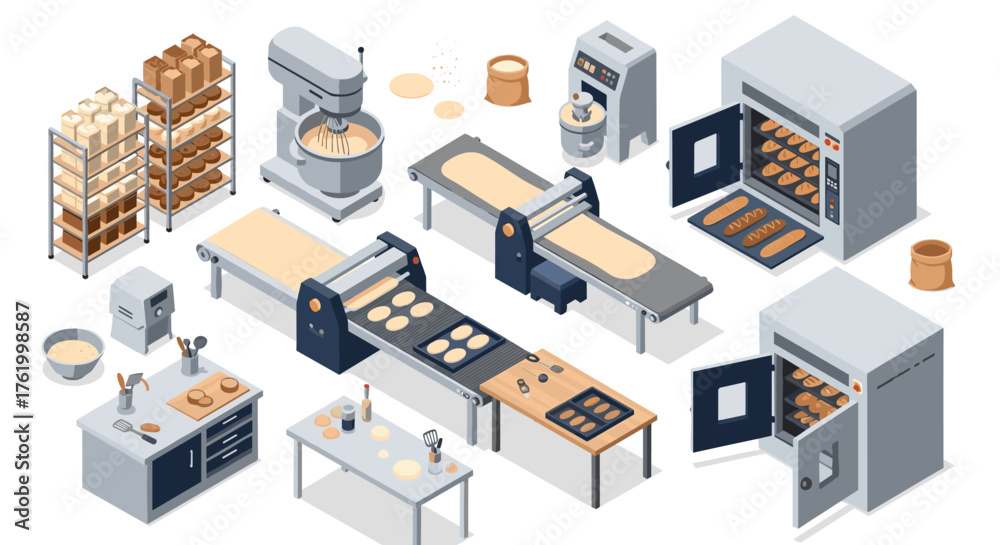 Fototapeta premium Isometric bakery production line with modern equipment and fresh bread
