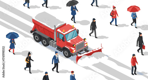 Winter city scene with snow plow and pedestrians in isometric style