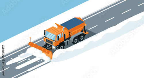 Snow plow truck clearing winter road in isometric style for transportation themes