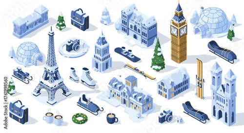 Winter wonderland travel icons featuring famous landmarks in isometric design