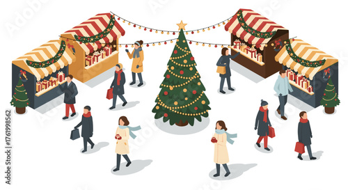 Festive christmas market isometric scene with shoppers and decorated stalls