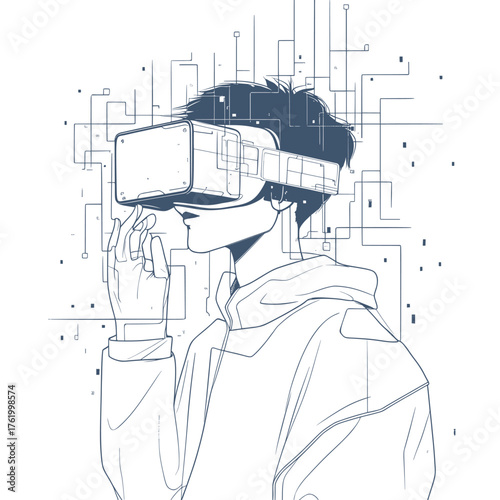 minimal outline vector illustration of hacker in virtual reality with data codes