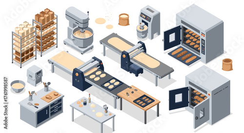 Isometric bakery production line with modern equipment and fresh bread