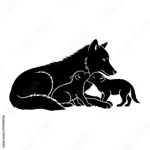 Wolf family silhouette protective embrace black