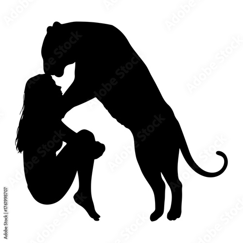 Woman and panther interaction silhouette black