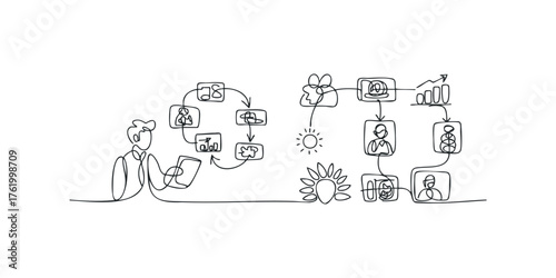 Person planning flowchart with icons and graph