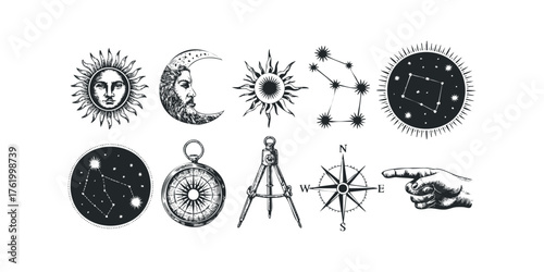 Celestial and navigational icons including sun, moon, and constellations