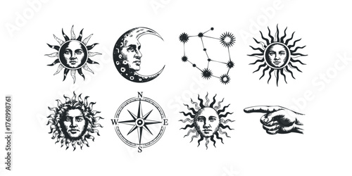 Celestial bodies and navigational tool with pointing hand
