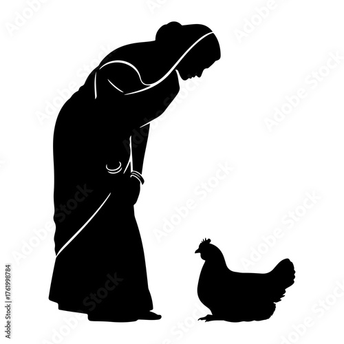 Woman bending towards chicken silhouette bird