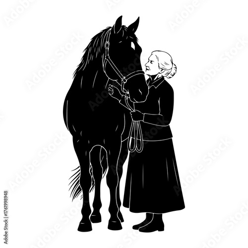 Woman holding horse bridle reins black and white
