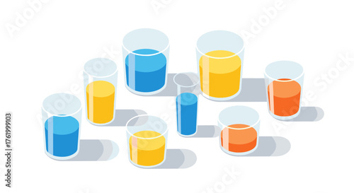 Isometric colorful glasses with liquids in modern design