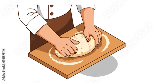 Baker kneading dough on a wooden surface: detailed digital art of baking process
