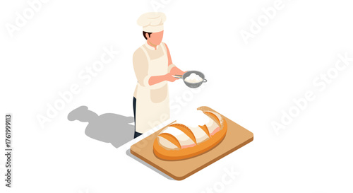 Chef sprinkling flour on freshly baked bread in isometric kitchen scene