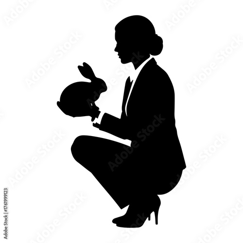 Woman holding rabbit silhouette crouching