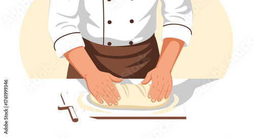 Chef kneading dough on kitchen counter in minimalist style