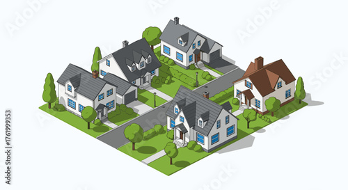 Charming isometric suburban neighborhood with cozy homes and lush greenery