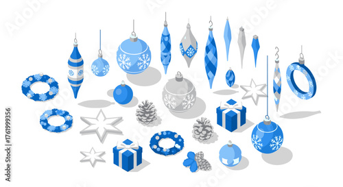 Isometric blue and silver christmas ornaments with snowflakes and gifts