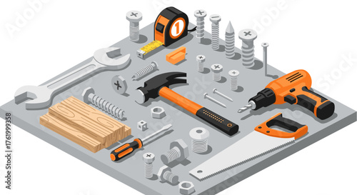 Isometric construction tools on gray surface with screws and wood planks