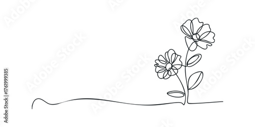 Minimalist single line drawing of blooming flowers on stem