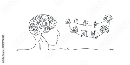 Abstract human head profile with tangled thoughts and ascending arrow