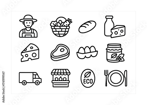 Outline icons of farmer, produce, and eco-friendly food items