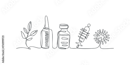 Line art of plant, vials, syringe, and virus depiction